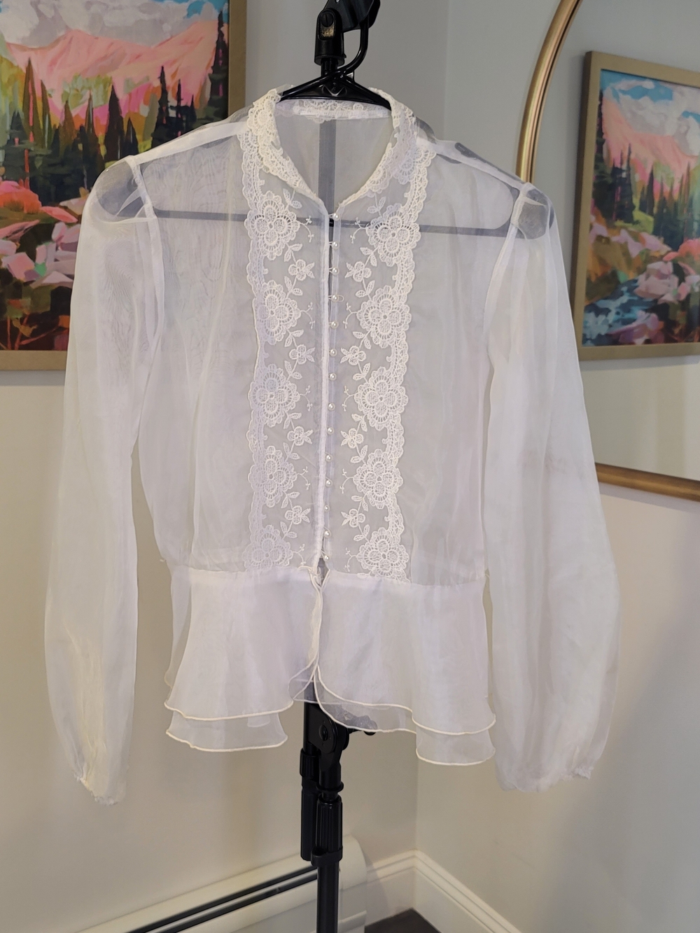 VINTAGE Shelley Johnson Twin Peaks Sheer Peplum Blouse Lace Trim Pearl Buttons - Picture 11 of 15